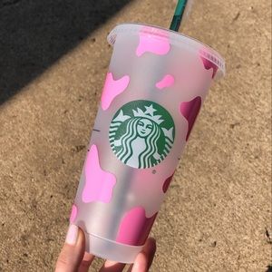 Pink cow print reusable Starbucks venti cold cup